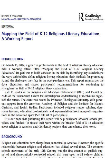 image of the first page of the article "Mapping the Field of K12 Religious Literacy Education"